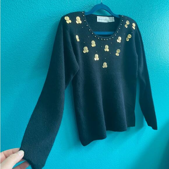 Marisa Christina Lambswool Angora Black Gold Medallion Sweater Size S-M - Picture 9 of 10